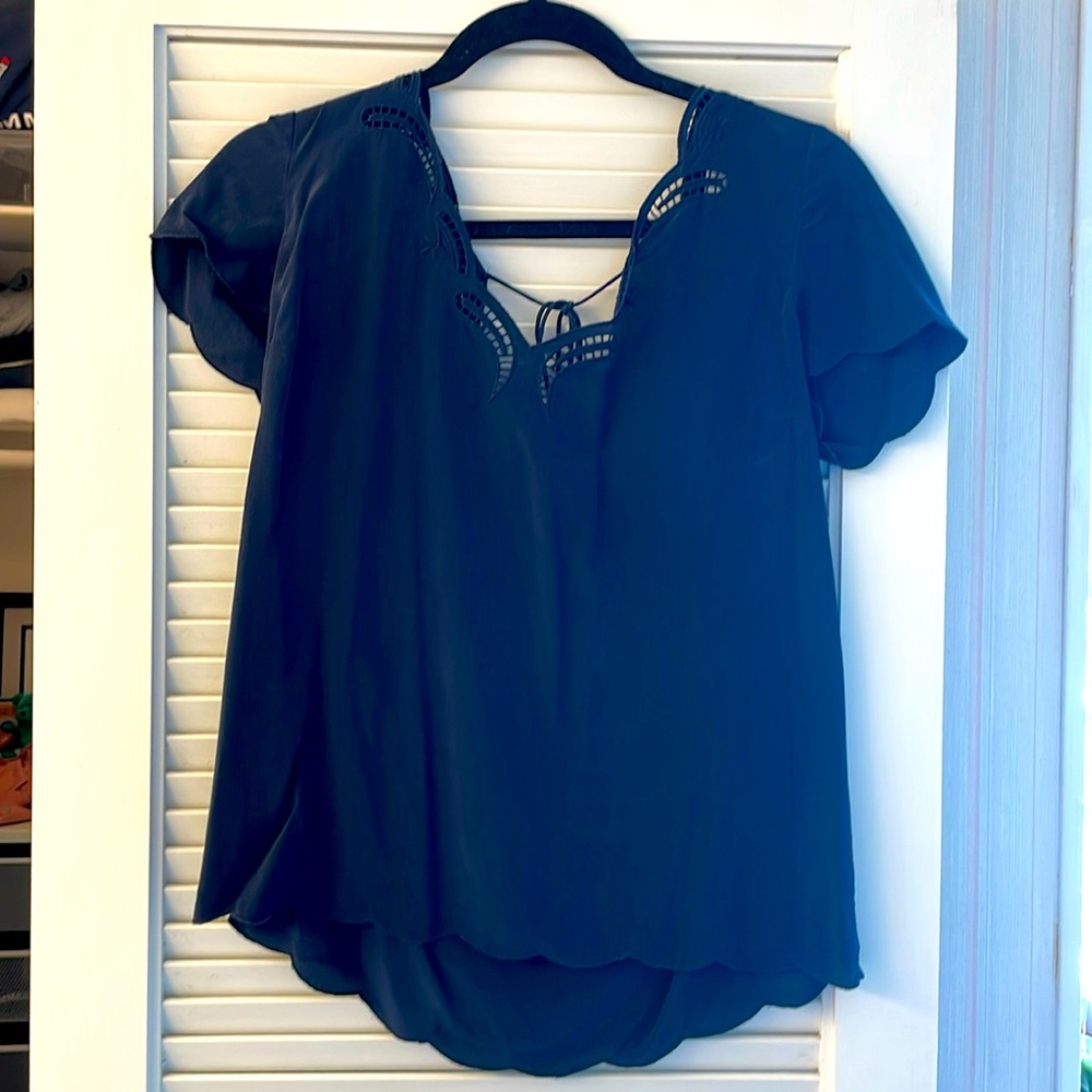 Sezane Black Scalloped Neck Cutout Blouse